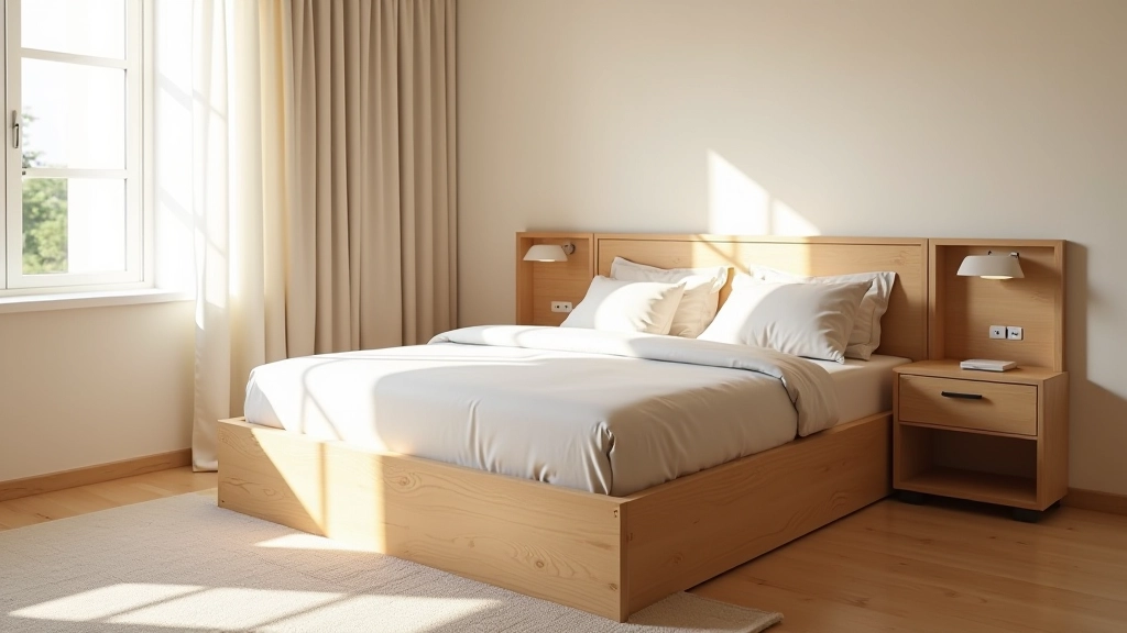 Camas com gavetas deslizáveis integradas, cabeceira com nichos de armazenamento, quarto acolhedor em tons naturais