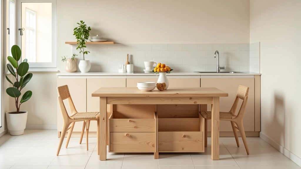 Mesa de jantar extensível de madeira natural com assentos que guardam objetos, cozinha portuguesa pequena