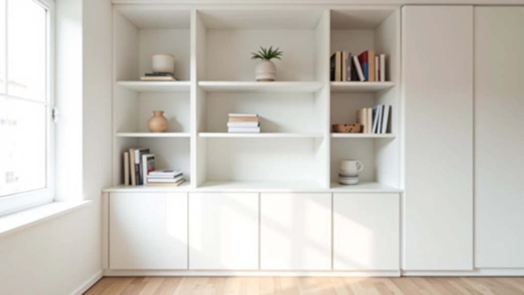 Parede com armário de piso ao teto branco, estantes abertas com livros e decoração, quarto minimalista com luz natural
