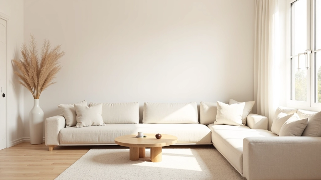 Sala de estar com paleta de cores clara, texturas de cerâmica e linho natural