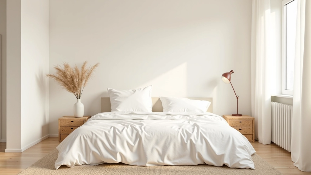 Quarto minimalista com cores claras e luz natural