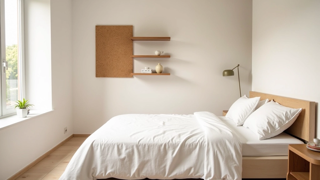 Quarto minimalista com cama branca e elementos de cortiça na decoração