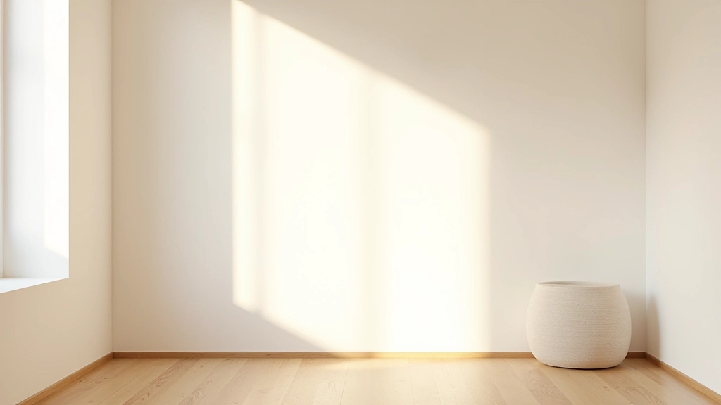 Parede branca quente com luz natural da manhã, textura de cal portuguesa, espaço minimalista claro