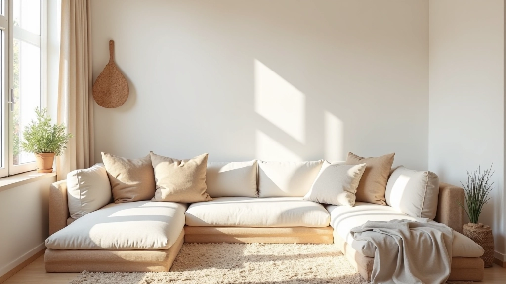 Sala de estar minimalista com luz natural portuguesa, elementos de cortiça e paleta de cores clara