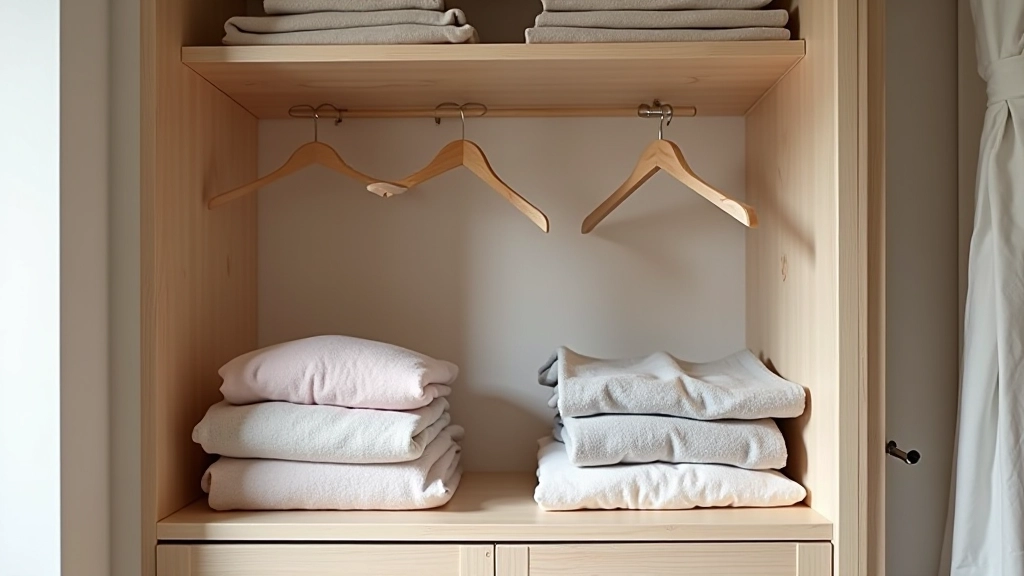 Arrumação de closet com método de organização por categorias, roupas dobradas com sistema Marie Kondo