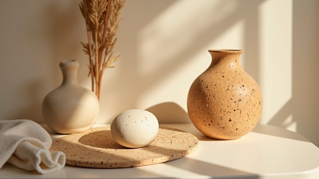 Detalhes de texturas naturais portuguesas — cortiça, linho e cerâmica